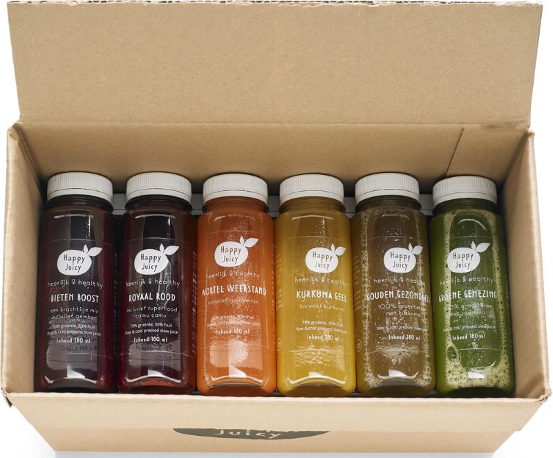 Na de vakantie een super sapkuurtje van 2 dagen 12 Happyjuicy 18 sapjes pakket bovenkant groot 1