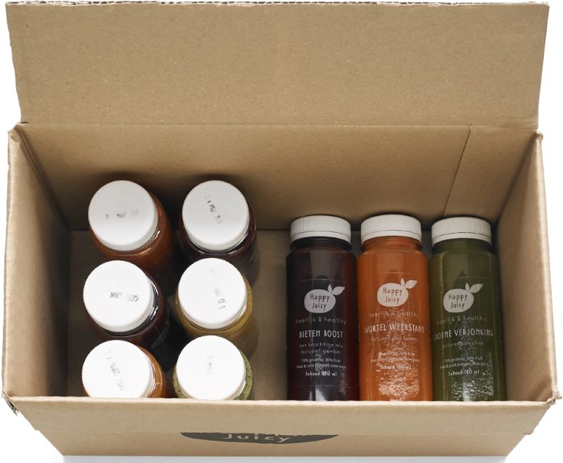 Na de vakantie een super sapkuurtje van 2 dagen 14 Happyjuicy 9 sapjes pakket bovenkant groot
